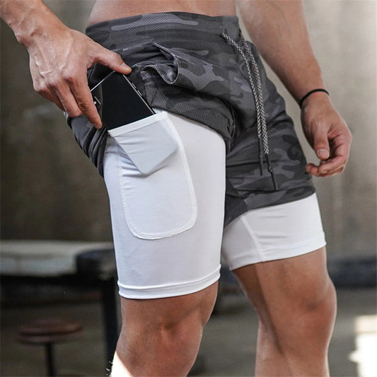 Pantalones cortos deportivos de doble capa con múltiples bolsillos para hombres profesionales