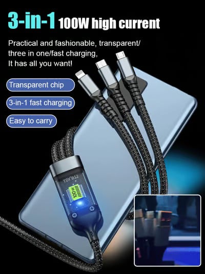 Cable de datos 3 en 1 de carga superrápida luminoso y transparente