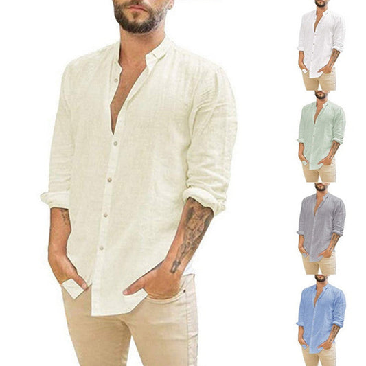 Camisa Henley de algodón y lino transpirable para hombre