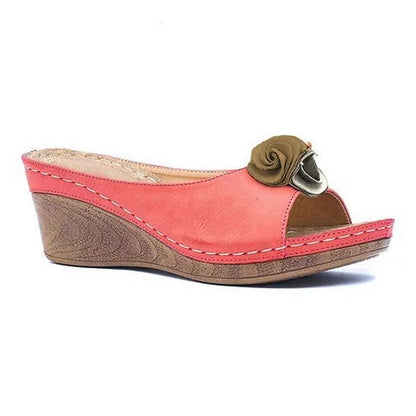 🎉Reducción de precio por tiempo limitado🎉--Sandalias Cómodas de Cuero con Flores para Mujeres con Cuña