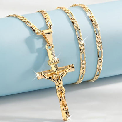 🔥【1° Más Vendido】🔥 Compra 3 y llévate 2 gratis !⏰ Collar con colgante de crucifijo tono dorado – Diseño detallado INRI, cadena Figaro ajustable y joya religiosa para el día a día ✝️✨