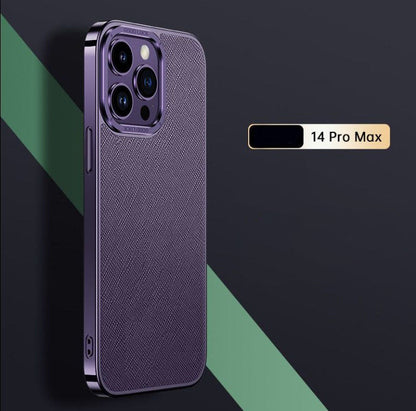 Funda de piel de vacuno auténtica con lente metálica, resistente a caídas, para iPhone