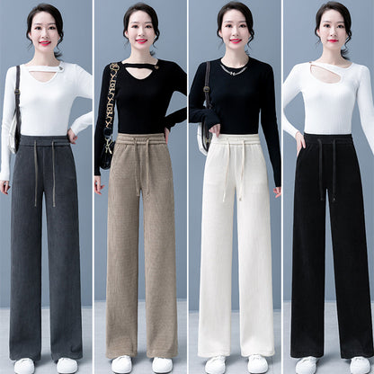🎁Pantalones rectos con cordón y pierna ancha de color sólido grueso para mujer.